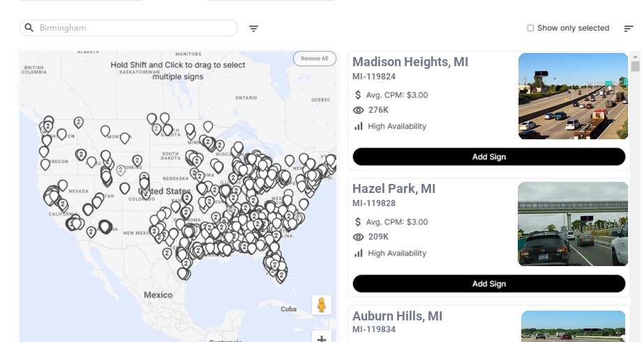 Billboard advertising in Birmingham Mi, Michigan - Choose your favorite location