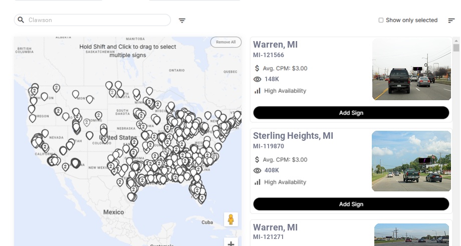 Billboard advertising in Clawson, Michigan - Choose your favorite location