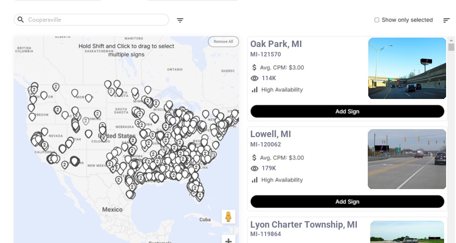 Billboard advertising in Coopersville, Michigan - Choose your favorite location