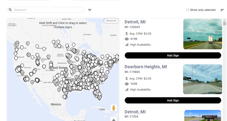 Billboard advertising in Dearborn Mi, Michigan - Choose your favorite location