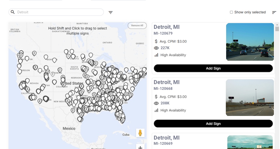 Billboard advertising in Detroit Mi, Michigan - Choose your favorite location