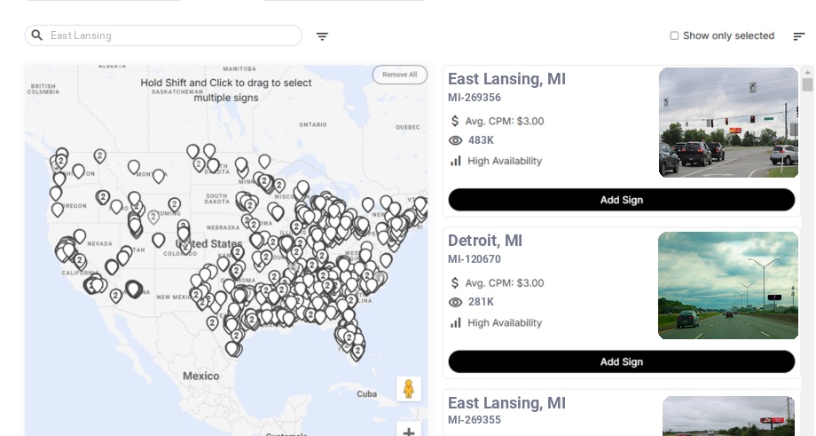 Billboard advertising in East Lansing Mi, Michigan - Choose your favorite location