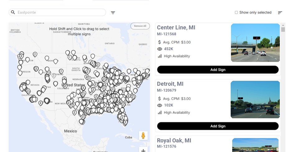 Billboard advertising in Eastpointe Mi, Michigan - Choose your favorite location