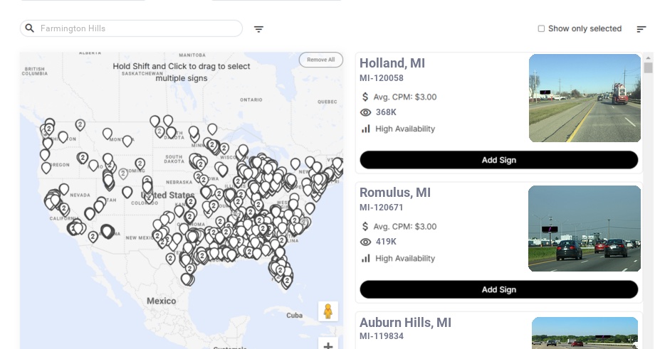 Billboard advertising in Farmington Hills, Michigan - Choose your favorite location