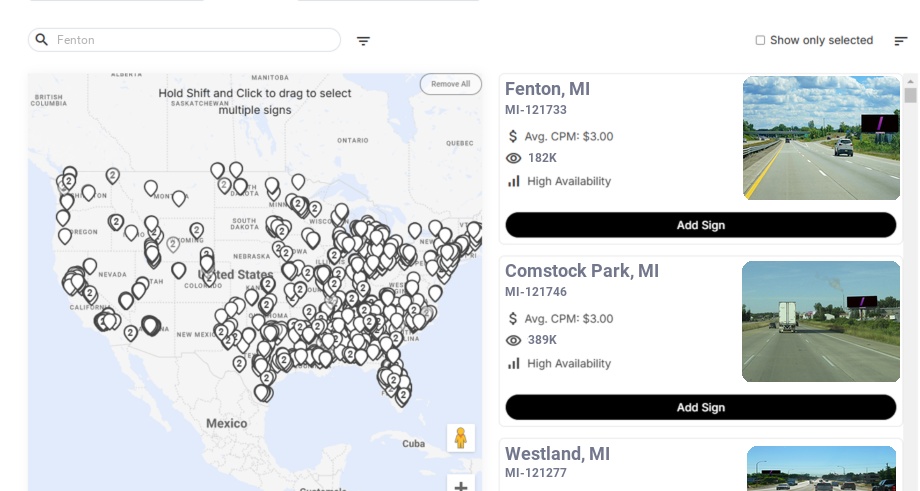 Billboard advertising in Fenton, Michigan - Choose your favorite location