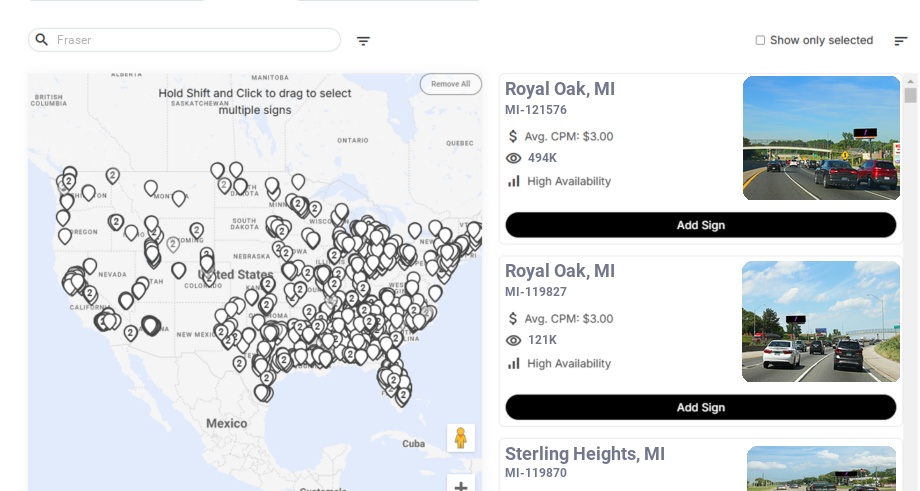 Billboard advertising in Fraser Mi, Michigan - Choose your favorite location