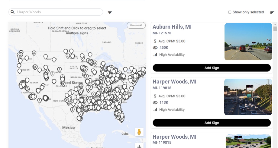Billboard advertising in Harper Woods, Michigan - Choose your favorite location