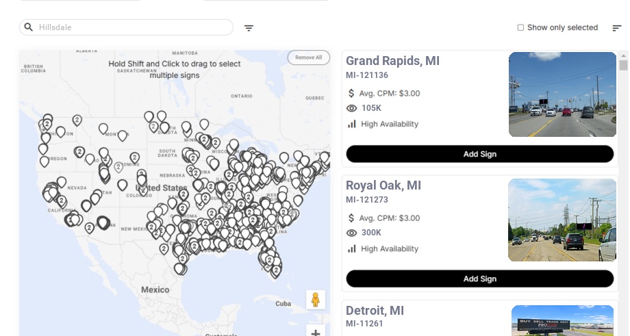 Billboard advertising in Hillsdale Mi, Michigan - Choose your favorite location