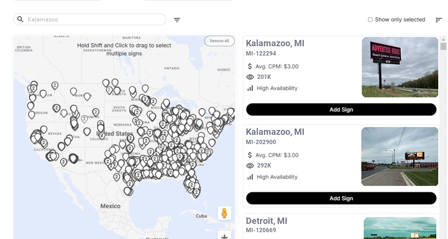 Billboard advertising in Kalamazoo Mi, Michigan - Choose your favorite location