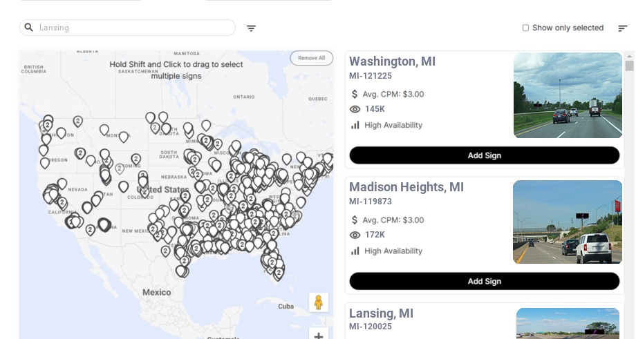Billboard advertising in Lansing, Michigan - Choose your favorite location