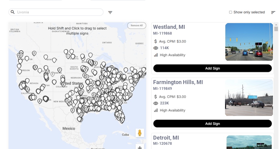 Billboard advertising in Livonia Mi, Michigan - Choose your favorite location