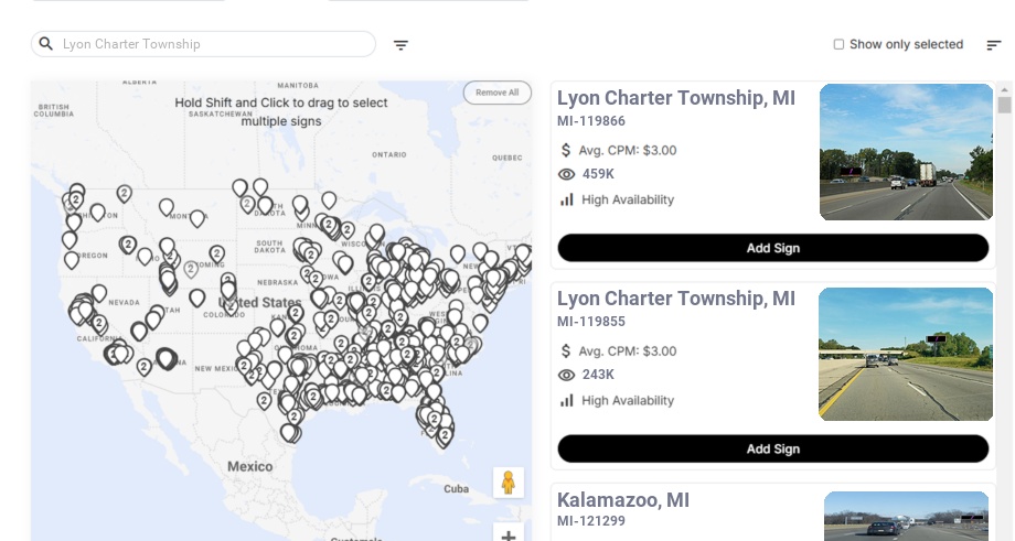 Billboard advertising in Lyon Charter Township Mi, Michigan - Choose your favorite location