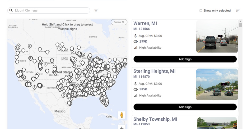 Billboard advertising in Mount Clemens Mi, Michigan - Choose your favorite location