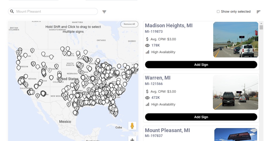 Billboard advertising in Mount Pleasant Mi, Michigan - Choose your favorite location