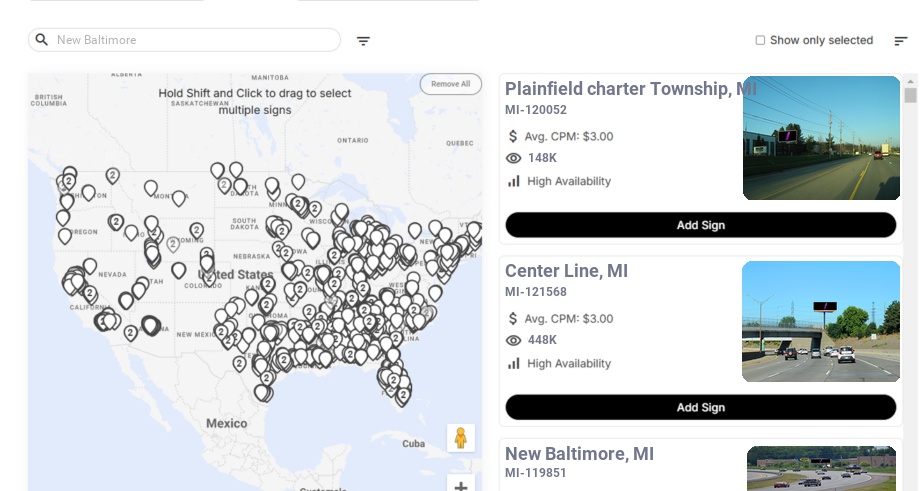 Billboard advertising in New Baltimore, Michigan - Choose your favorite location