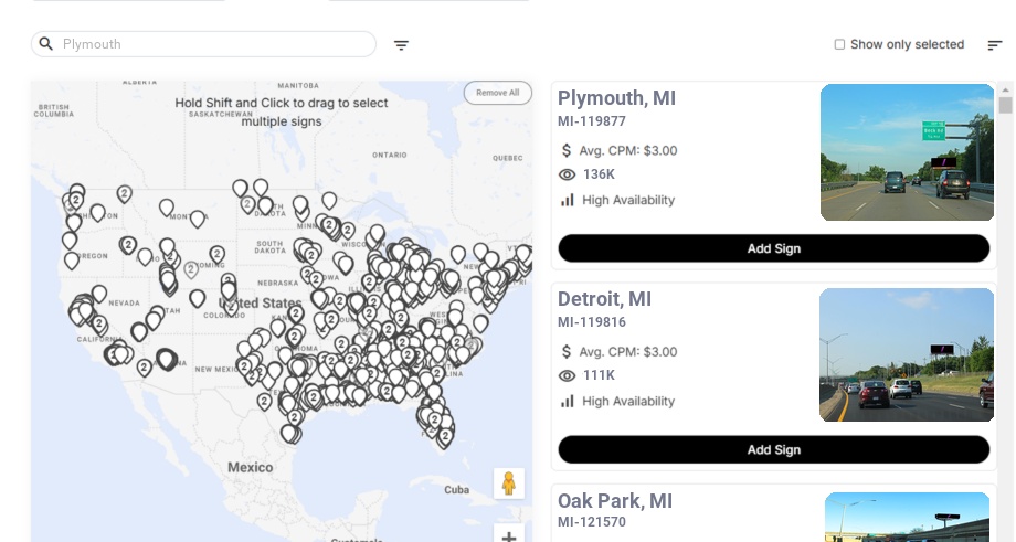 Billboard advertising in Plymouth, Michigan - Choose your favorite location