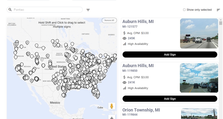 Billboard advertising in Pontiac, Michigan - Choose your favorite location