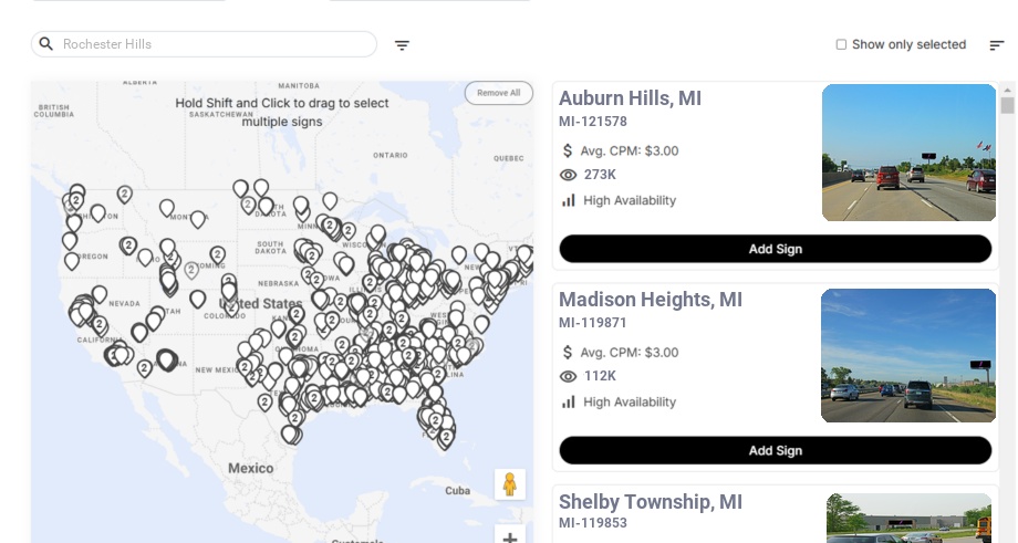 Billboard advertising in Rochester Hills Mi, Michigan - Choose your favorite location