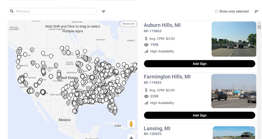 Billboard advertising in Romulus Mi, Michigan - Choose your favorite location