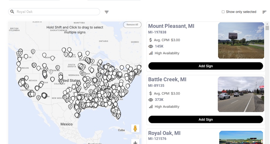 Billboard advertising in Royal Oak, Michigan - Choose your favorite location