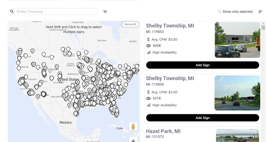 Billboard advertising in Shelby Township, Michigan - Choose your favorite location