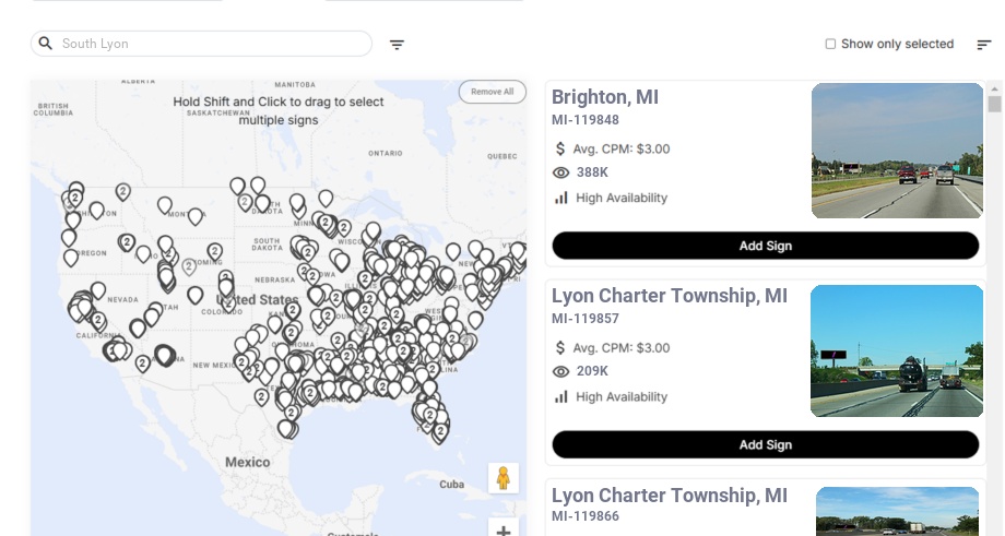 Billboard advertising in South Lyon Mi, Michigan - Choose your favorite location