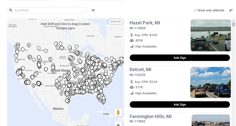 Billboard advertising in Southfield Mi, Michigan - Choose your favorite location