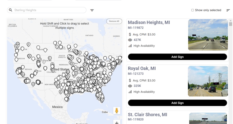 Billboard advertising in Sterling Heights Mi, Michigan - Choose your favorite location