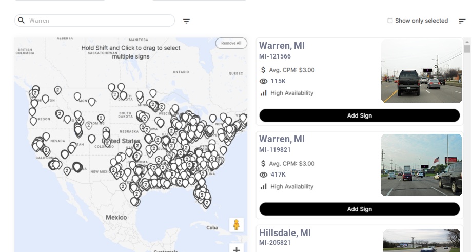 Billboard advertising in Warren, Michigan - Choose your favorite location