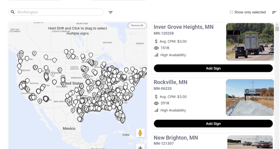 Billboard advertising in Worthington Mn, Minnesota - Choose your favorite location