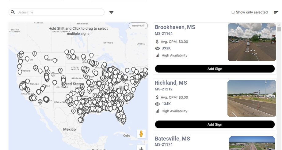Billboard advertising in Batesville Ms, Mississippi - Choose your favorite location