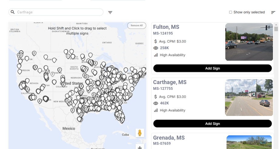 Billboard advertising in Carthage Ms, Mississippi - Choose your favorite location