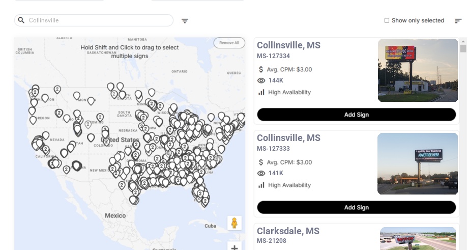 Billboard advertising in Collinsville Ms, Mississippi - Choose your favorite location