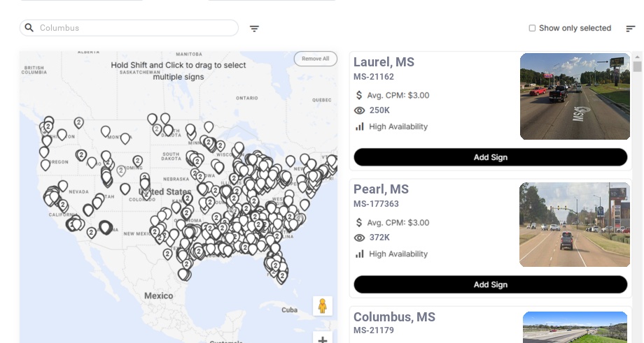 Billboard advertising in Columbus Ms, Mississippi - Choose your favorite location