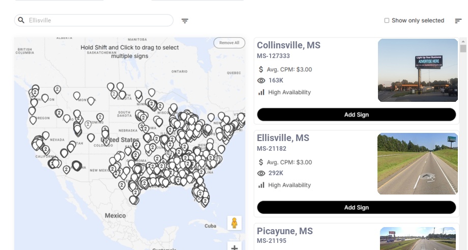 Billboard advertising in Ellisville Ms, Mississippi - Choose your favorite location