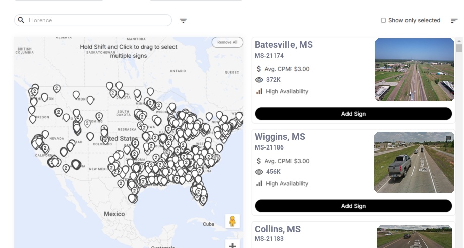 Billboard advertising in Florence Ms, Mississippi - Choose your favorite location
