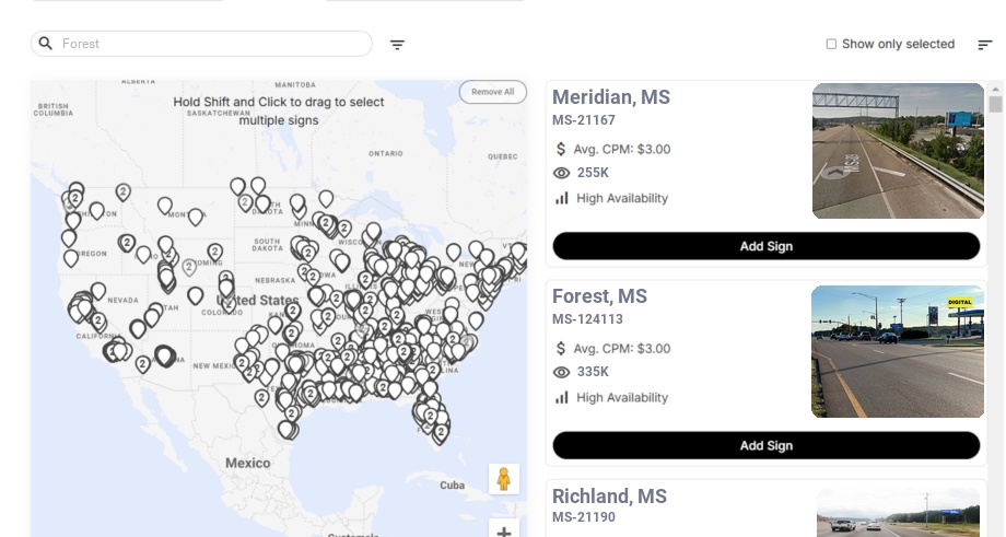 Billboard advertising in Forest Ms, Mississippi - Choose your favorite location