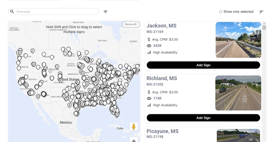Billboard advertising in Grenada Ms, Mississippi - Choose your favorite location