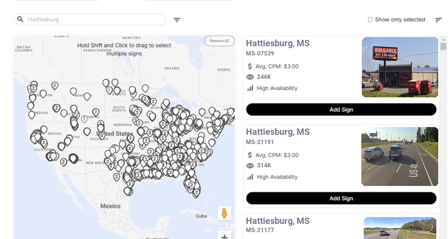 Billboard advertising in Hattiesburg Ms, Mississippi - Choose your favorite location