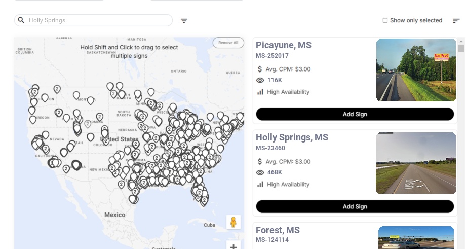 Billboard advertising in Holly Springs, Mississippi - Choose your favorite location