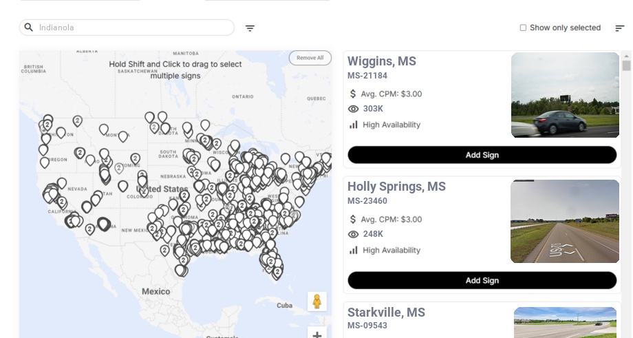 Billboard advertising in Indianola Ms, Mississippi - Choose your favorite location