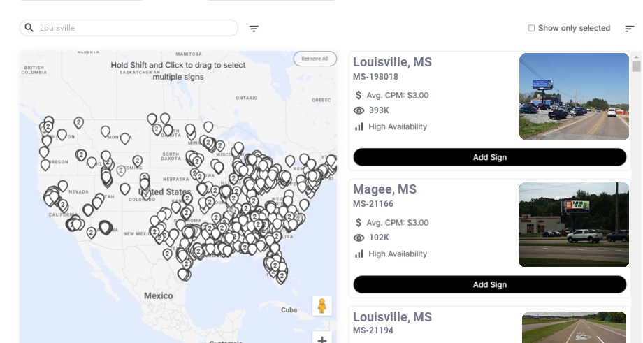 Billboard advertising in Louisville, Mississippi - Choose your favorite location