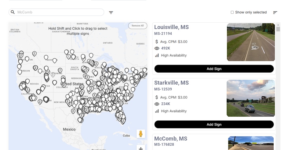 Billboard advertising in Mccomb Ms, Mississippi - Choose your favorite location