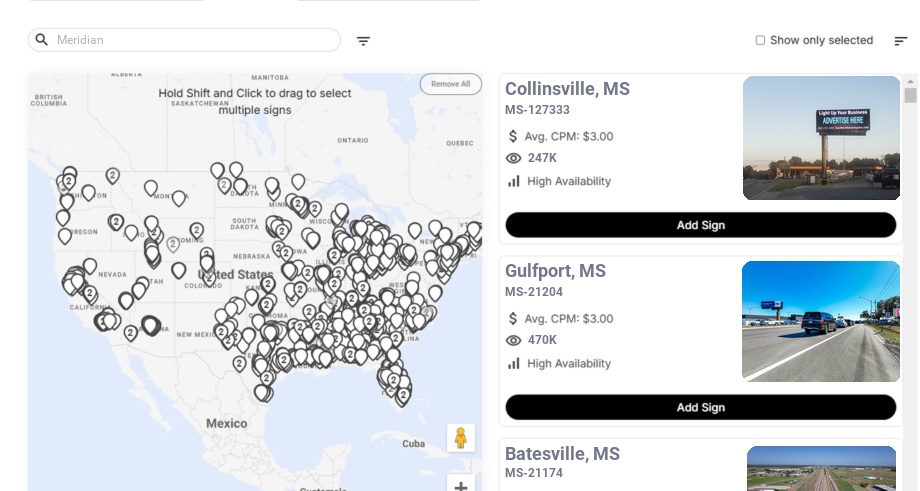 Billboard advertising in Meridian Ms, Mississippi - Choose your favorite location