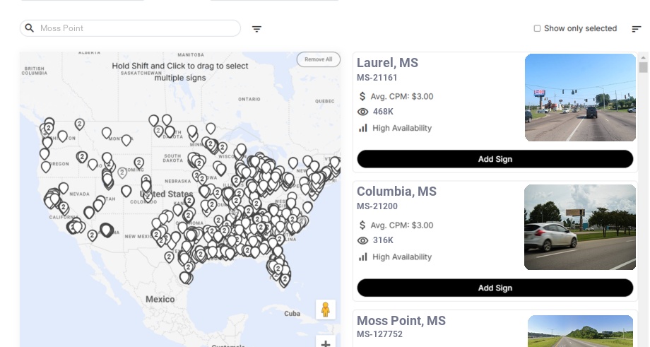 Billboard advertising in Moss Point Ms, Mississippi - Choose your favorite location