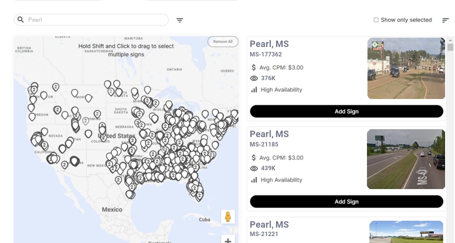 Billboard advertising in Pearl Ms, Mississippi - Choose your favorite location