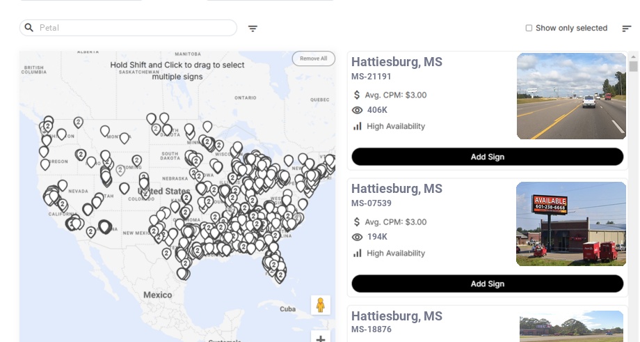 Billboard advertising in Petal Ms, Mississippi - Choose your favorite location