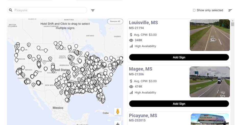 Billboard advertising in Picayune, Mississippi - Choose your favorite location