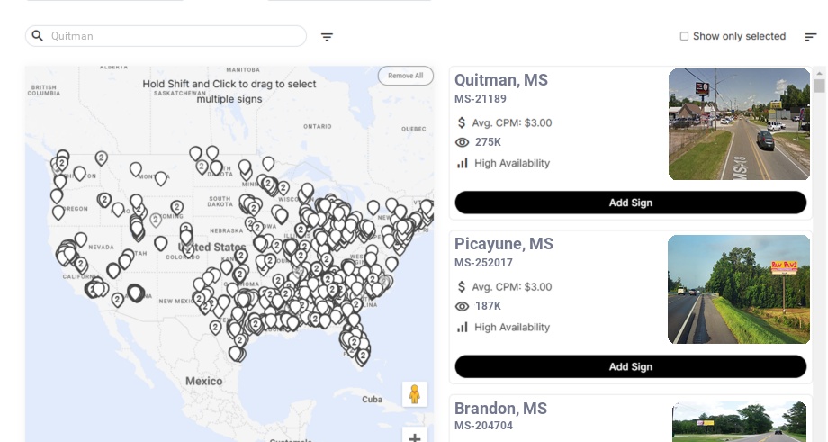 Billboard advertising in Quitman Ms, Mississippi - Choose your favorite location
