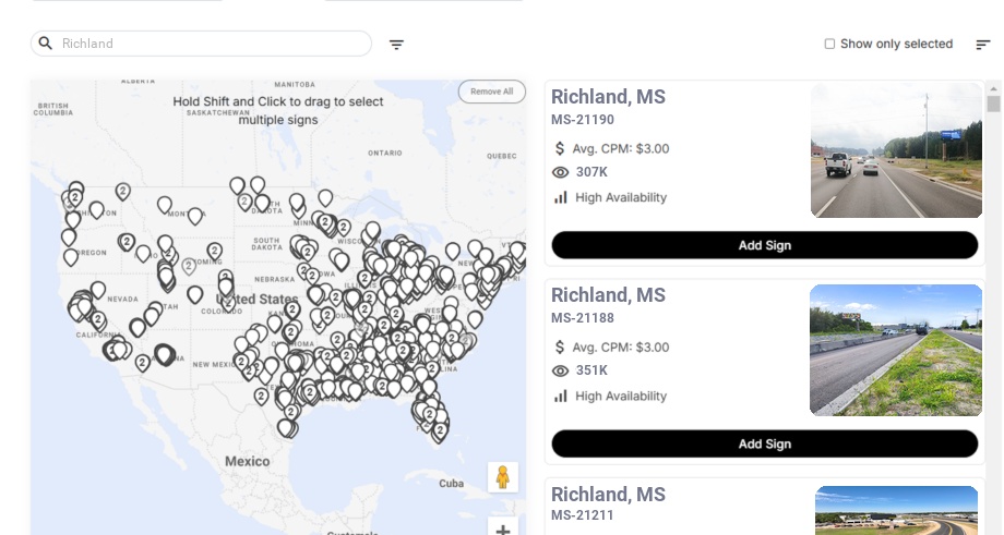Billboard advertising in Richland, Mississippi - Choose your favorite location